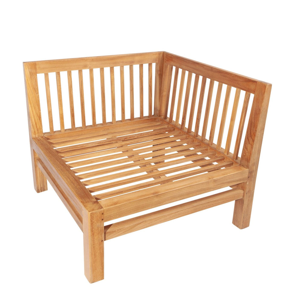 
                  
                    Teak frame for outdoor sofa corner section, with slatted seat and sides and four square legs. 
                  
                