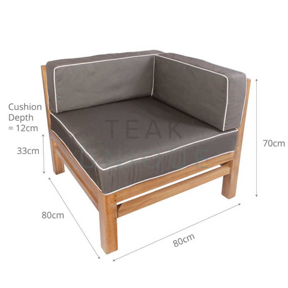 
                  
                    Teak framed corner unit for outdoor sofa, with grey cushions with white trim. Dimensions are displayed measuring 80cm wide and deep and 70cm high.  
                  
                