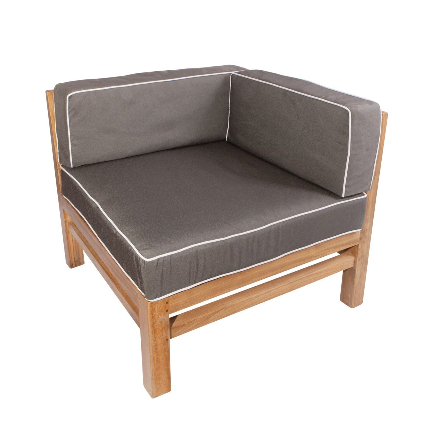 Teak outdoor sofa corner section with dark grey cushions with a white trim. 