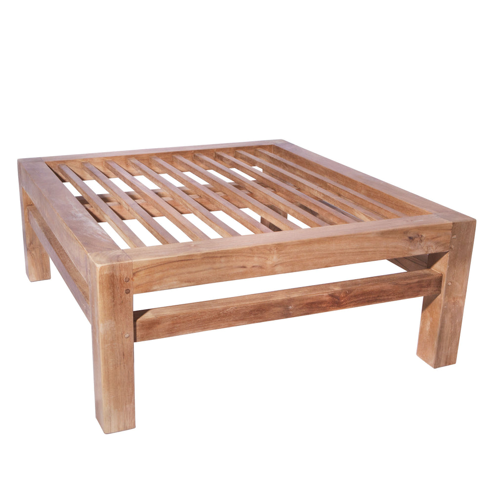 
                  
                    Teak frame for outdoor ottoman stool with slatted top and four short, square legs. 
                  
                