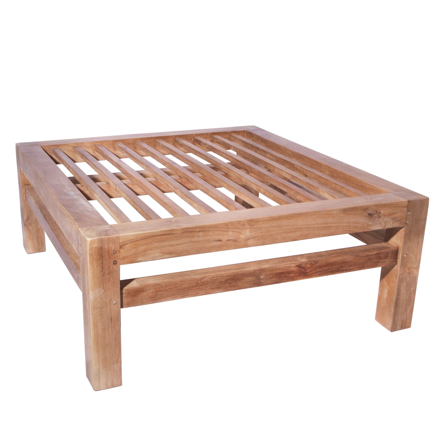 Teak frame for outdoor ottoman stool with slatted top and four short, square legs. 