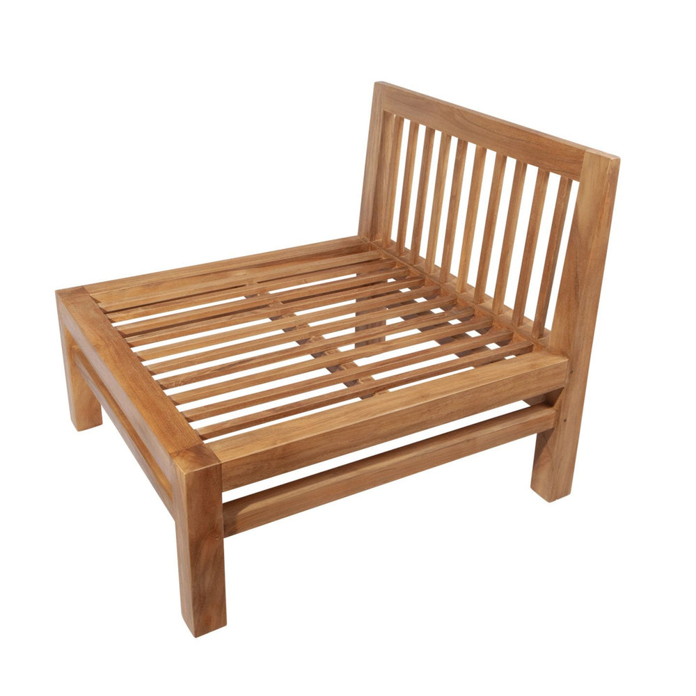 
                  
                    Teak frame for outdoor sofa mid section with slatted seat and backrest, on a white background
                  
                