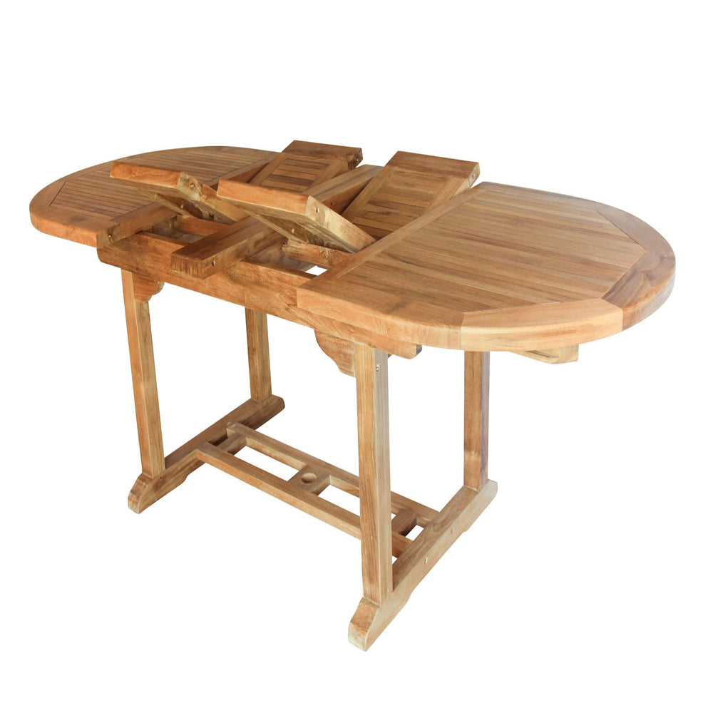 
                  
                    Teak oval extending table with extendable mechanism visible, on a white background. 
                  
                