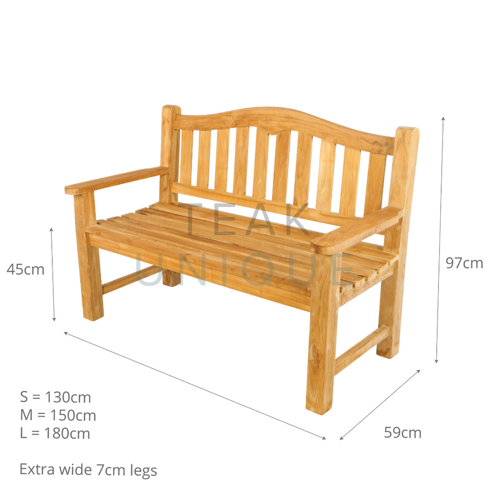 
                  
                    Teak bench with curved backrest and straight arms and legs. Dimensions displayed measuring 97cm high, 59cm deep. Small size is 130cm, medium is 150cm and large is 180cm long. 
                  
                