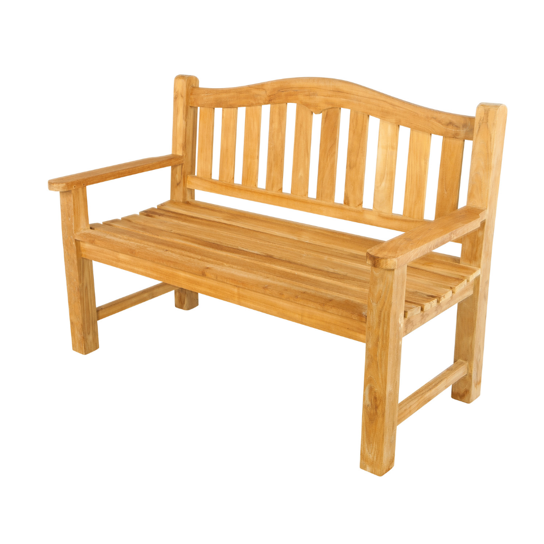 A teak garden bench with a slightly curved slatted seat and backrest, on a white background. 