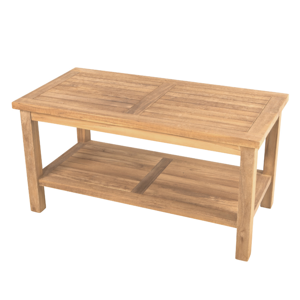 Teak rectangular coffee table with shelf below, on a white background. 