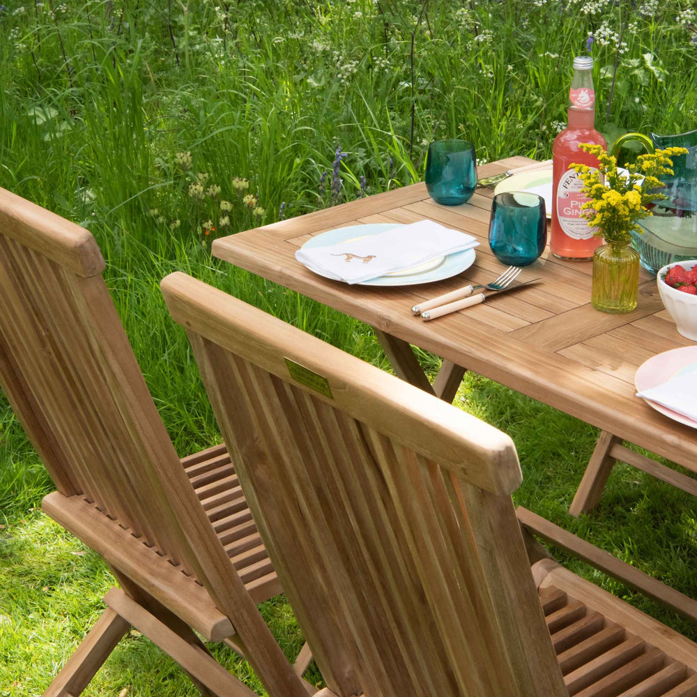 
                  
                    Back view of two teak folding dining chairs facing a rectangular teak table with place settings, glasses and drinks, in grassy setting with wild flowers.  
                  
                