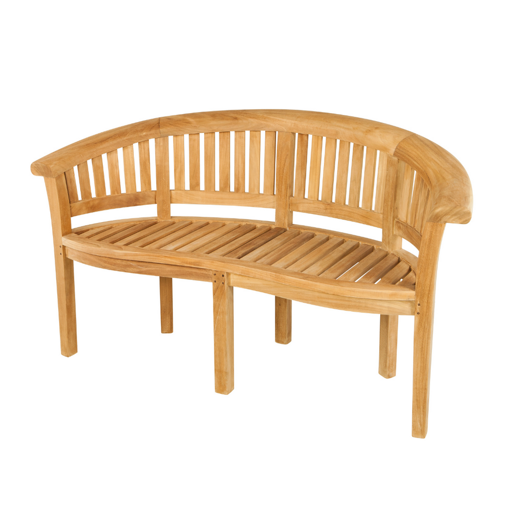 
                  
                    Teak crescent-shaped bench with six legs, on a white background. 
                  
                