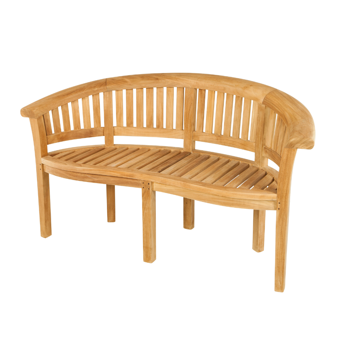 Teak crescent-shaped bench with six legs, on a white background. 