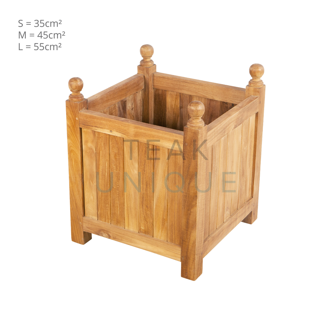 Square teak planter with teak knobs at each corner, on a white background. The dimensions for all three sizes are displayed. Small measures 35cm squared, Medium is 45cm squared and large is 55cm squared.  